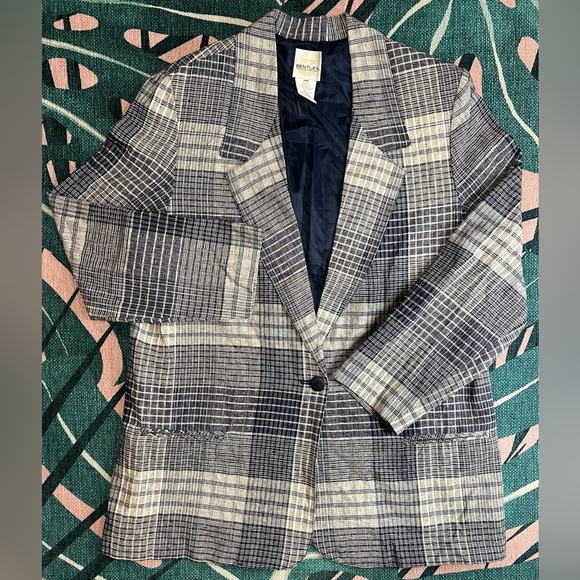 Vintage T.R. Bentley Linen Blend Single Button Plaid Navy Blazer Jacket - Picture 1 of 11